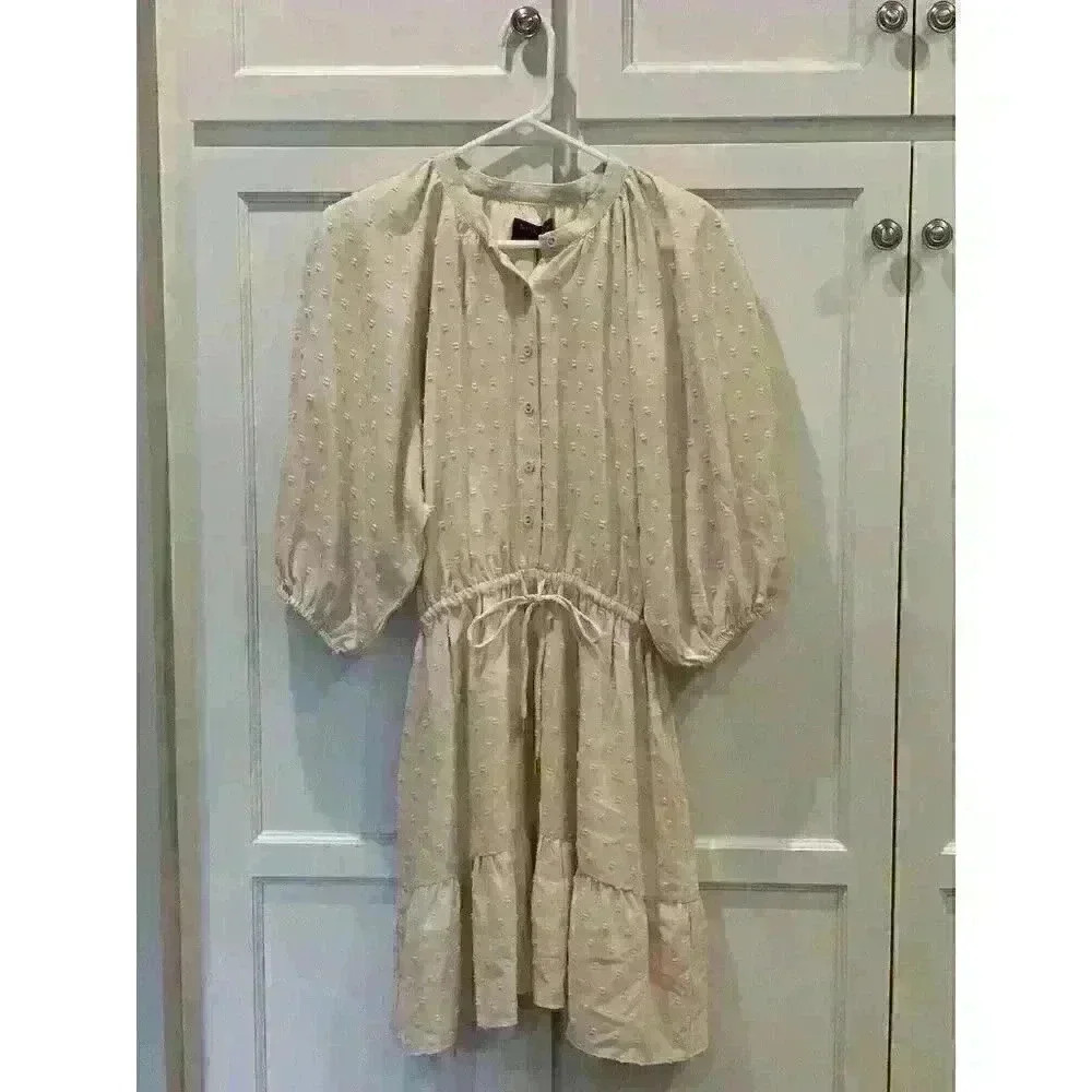 NWT! MINKPINK Cream Womens Large Dress Puff Sleeve Buttons Mini Pheasant
